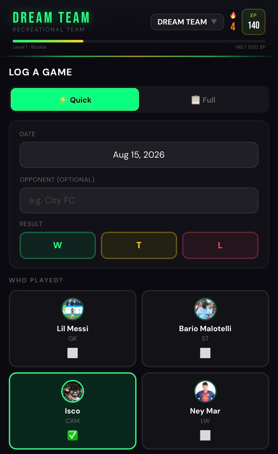 Goal Tally log a game screen with date, opponent, result and who played