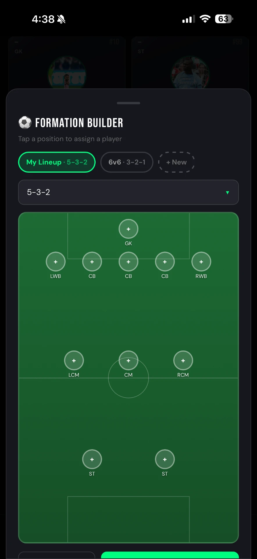 Goal Tally formation builder with 5-3-2 lineup on a pitch